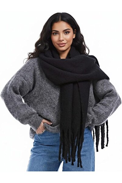 KASTWAVE Large Chunky Scarfs for Women, Pure Black Oversized Cashmere Feel Sc...