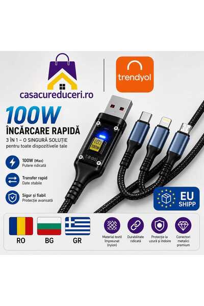 ASMXX 3 in 1 Charging Cable, 100W, USB-A to USB-C + Lightning + Micro USB, Ny...