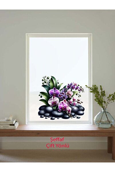 aiki Şeffaf Çift Yönlü Siyah Taşlar Arasında Pembe Orkide Desenli, Cam, Duvar...