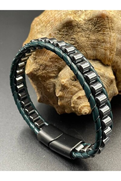 magıcgrange Natural Hematite Stone & Real Calfskin Handmade Bracelet – with M...