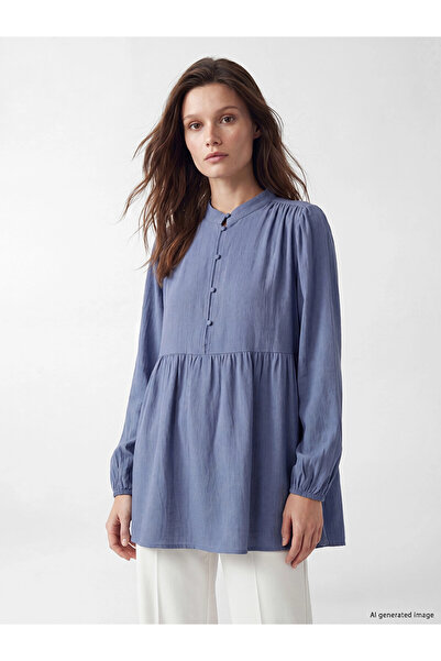 LC Waikiki Lcw Modest Blue Gathered Women's Muslin Tunic