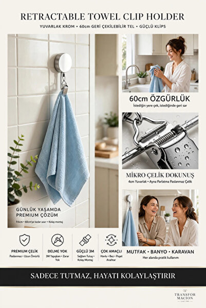 Transformacion 2li Geri Çekilebilir Havlu Askısı Yapışkanlı Mutfak Banyo Havl...