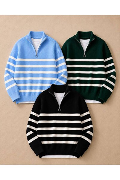 pepule Men's 3-Piece Set Half-Zipper Striped Knitwear Sweater Oversize Model
