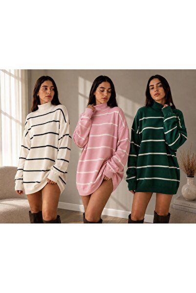 DepoExport Women's 3-Piece Striped Knitwear Sweater Oversize Loose Design