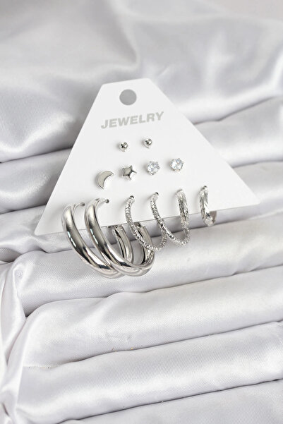 SORA GROUP Brass Silver Color Ring Model 6 Pairs Women's Earrings