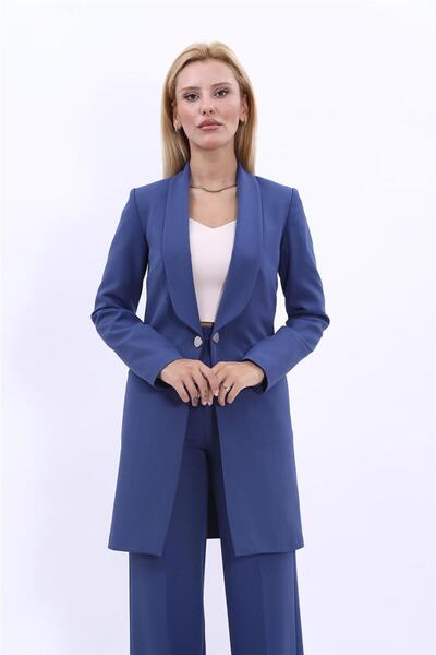 ÖNDER ÖZSOY Şal Yaka Cepli Uzun Ceket-İndigo