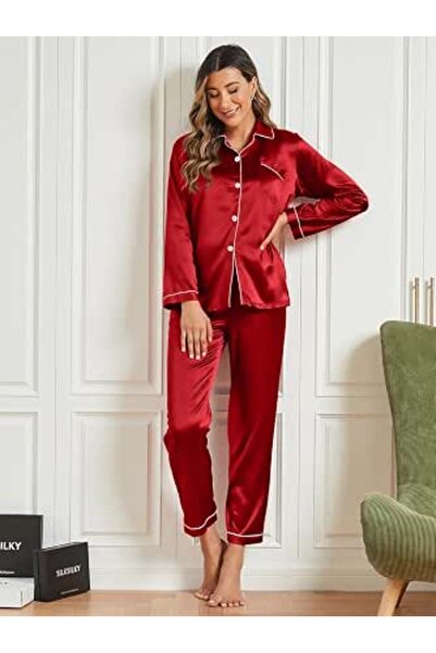 GENERAL 2 Piece Womens Satin Pajamas Set Long Sleeve Button Down Sleepwear Lo...