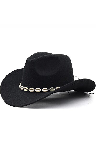 Pursehuit Pălărie de damă, neagră, stil cowboy, cu scoici, Marte