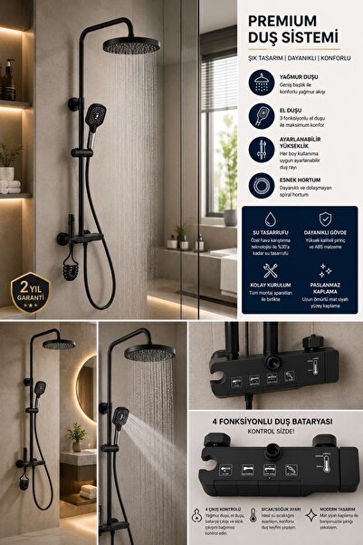 Genel Markalar Premium Siyah Duş Sistemi – Yağmur Duş + El Duşu