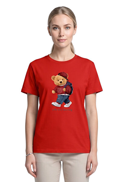 DK DAKSEL Women's Red Teddy Bear Printed T-Shirt Life Is a Journey Comfortabl...