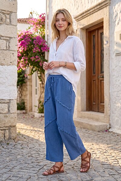 ÇEÇİM Indigo Pocketed Washed Mesh Detailed Sewn Patchwork Shalwar Linen Blend...