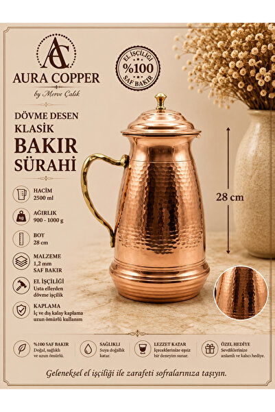 AURA COPPER Gaziantep Geleneksel Klasik Kapaklı Dövme Bakır Sürahi 2,5 L – 1,...