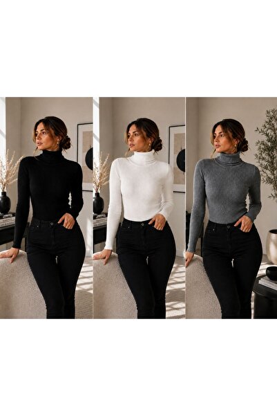 DepoExport Women's 3-Piece Body-Fitting Turtleneck Ribbed Knit Sweater