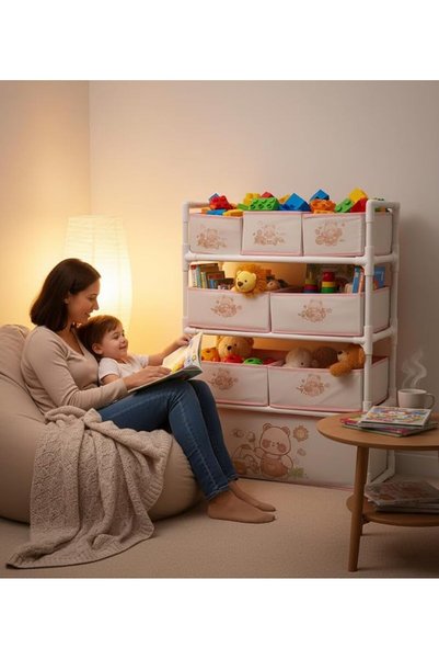 Bentifar Kids Toy Storage Organizer, 4-Tier Shelf with 8 Fabric Bins & XL Bottom Chest, Cute Bear De