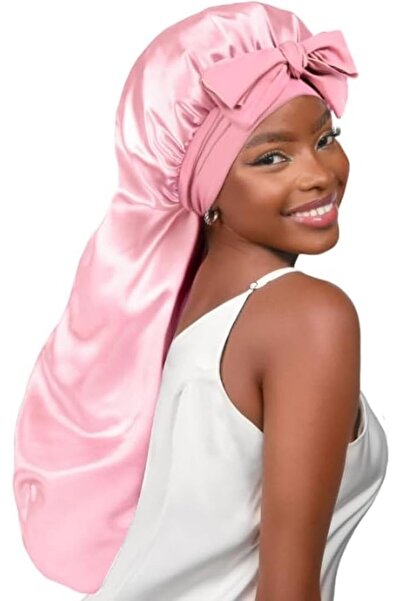 Yelajoy Pink Satin Silk Sleep Bonnet for Women, Tie Band, 30" Extra Long, Hol...