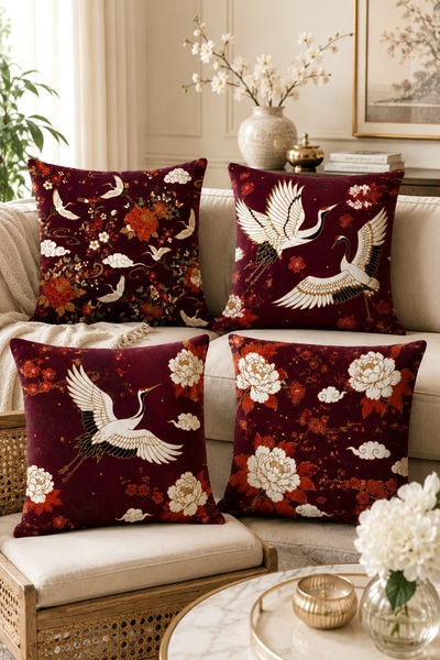 EVPANYA Set of 4 Pillow Covers with Storks and Flowers Pattern