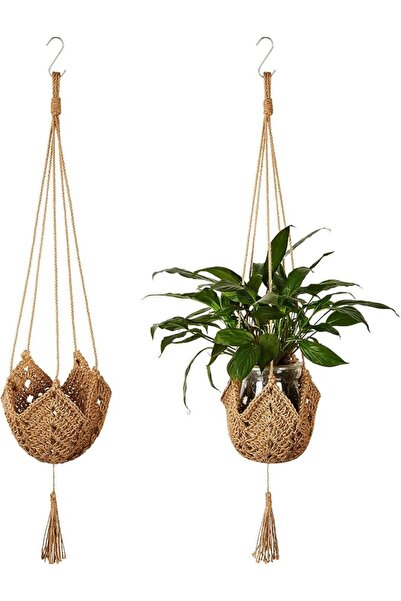 Bukela عبوة من قطعتين من حامل النباتات الطويل المصنوع من الجوت والكروشيه لأصص...