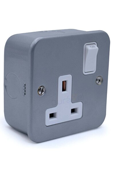 Duravel Modern Single Switched Socket, Gray, Metal, Wall-Mounted Electrical O...
