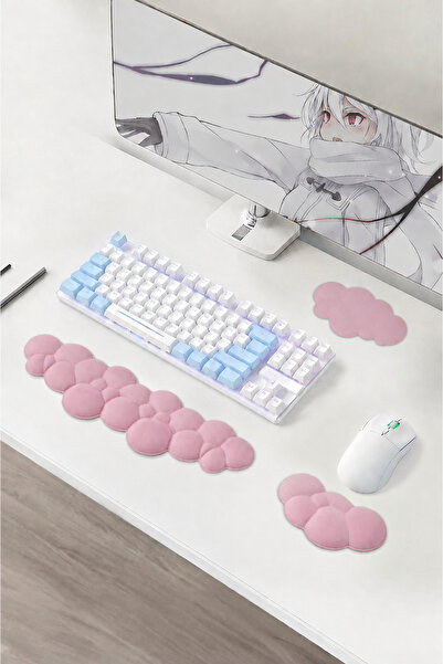 GoLite 3 Parça Bulut Şekilli Toz Pembe Klavye Ve Mouse Bilek Desteği Seti Erg...