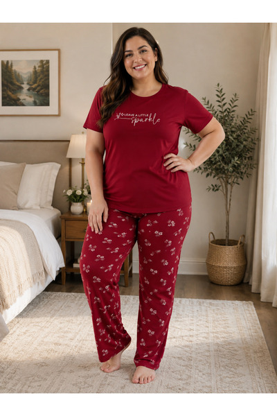 MEBA Women's Plus Size Milan Fabric Crew Neck Short Sleeve Pajama Set Gift, D...