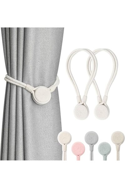 SWIUKPHE 2 Pack Beige Magnetic Curtain Tiebacks, Wooden Medal Shape Hand Wove...