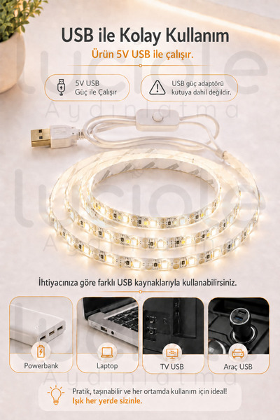 luciole 1 Metre 5V USB Günışığı Şerit LED Aç Kapa Anahtarlı Mutfak TV Masa Dolap Altı Işık