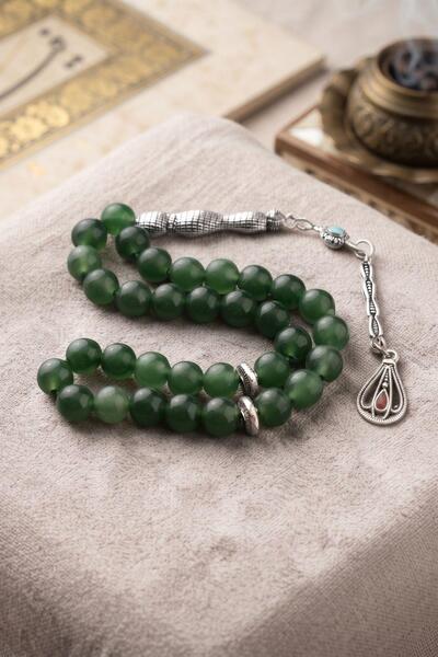 Prestige Natural Green Agate Stone 33 Prayer Beads with Metal Tassel 8mm Sphe...