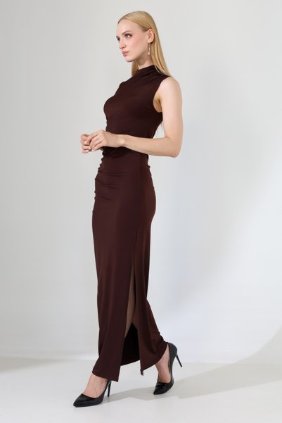 Planet Prestige Brown Draped Turtleneck Slit Long Evening Dress