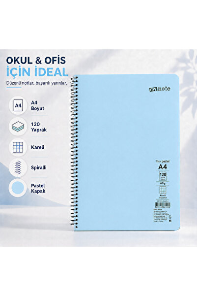 Mynote Flex Pastel A4 120 Yaprak 60 gr Spiralli Kareli Defter