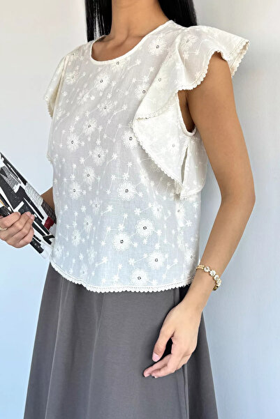 Aryena Ecru Women's Flounce Sleeve Daisy Blouse