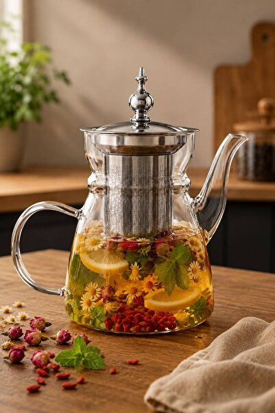 HAZARPAZAR Premıum Cam Borosilikat Demlik Bitki Çayı Süzgeçli Demlik 800 ml