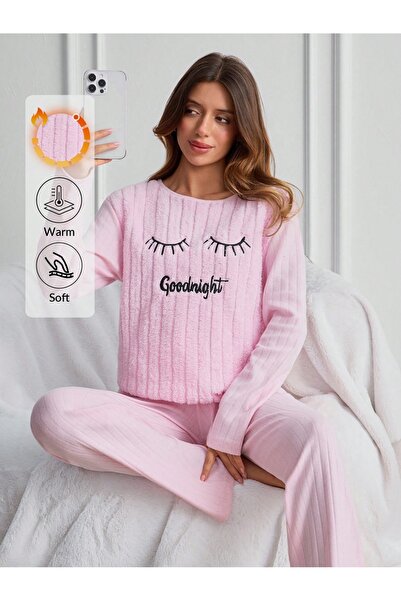 Mor Hello Winter Desenli Kadın Peluş Pijama Takımı