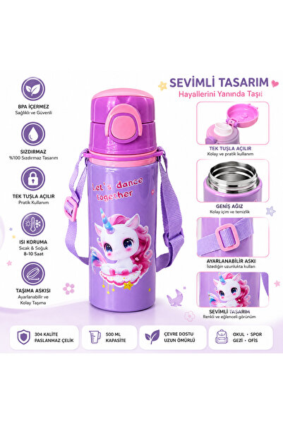 Genel Markalar Çocuk Termos Matara 500 ml Unicorn Desenli Metal Omuz Askılı S...