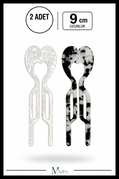 MAZEN 2 Pieces Heart Model Hairpin Hair Bun Clip Stick Clip Black White 9 cm