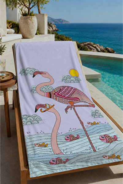 Evmila White Minimal Flamingo and Sun Patterned 70X150 Beach Towel - Digital ...