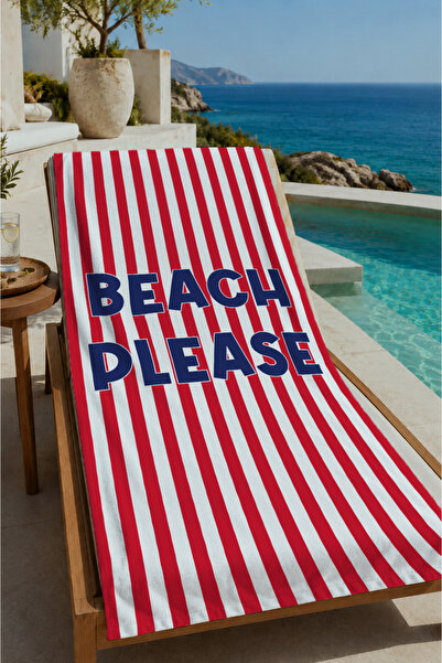 Evmila Red and White Striped Beach Towel with the Text "Please" 70X150 - Digi...