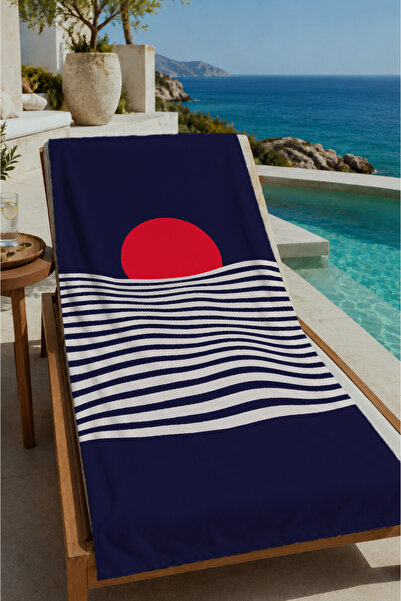 Evmila Navy Blue Red Sun Horizon Line Minimal Patterned 70X150 Beach Towel - ...