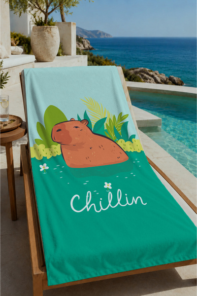 Evmila Turkuaz Chillin Written Capybara Patterned 70x150 Prosop de plajă - Pr...