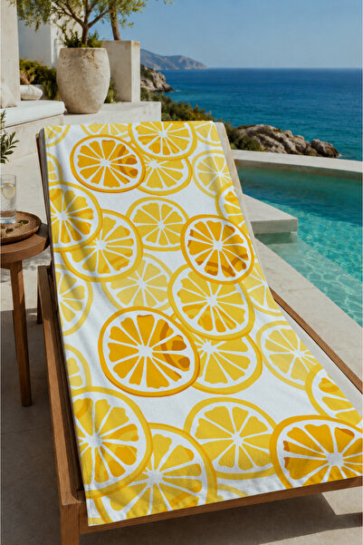 Evmila Beige Yellow Lemon Patterned 70X150 Beach Towel - Digital Printed Bath...