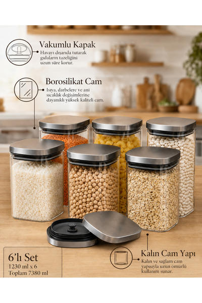 Karçiçeği Home 6’lı 1230 ml Kare Borosilikat Cam Kavanoz Seti – Vakumlu Çelik Kapaklı - 8471-1