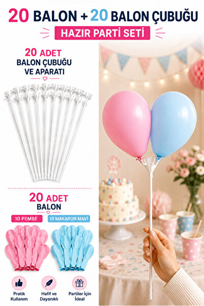 20 Balon + 20 Balon Çubuğu ve Aparatı Pembe Makaron Mavi Hazır Parti ve Organizasyon Seti Doğum Günü Süsleme