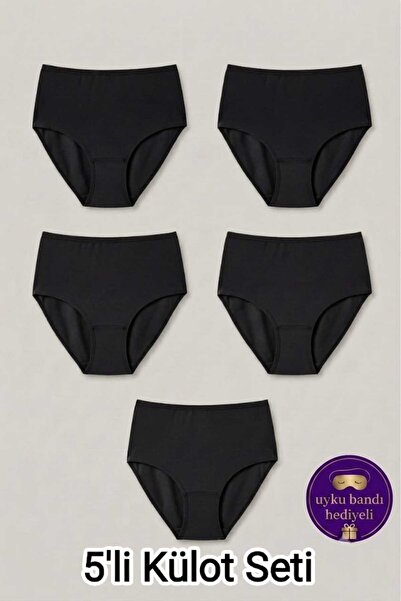 Sedef Yıldızı Pack of 5 Black Women's High Waist Cotton Gathering Panties Plu...