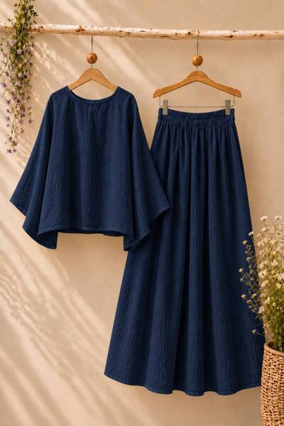 KÜÇÜĞÜM BUTİK Navy Blue Casual Muslin Blouse and Flared Skirt Set (Set of 2)