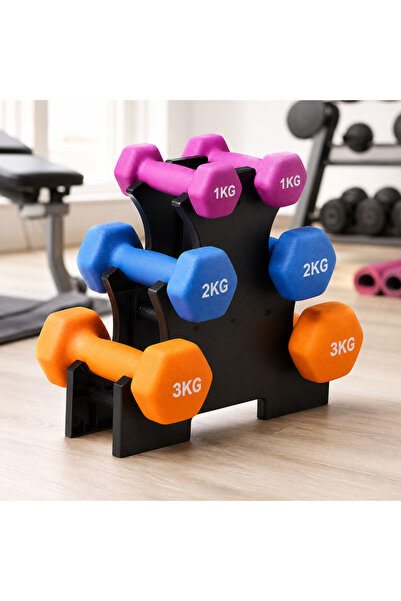 PROCART Set de gantere fitness 12 kg cu suport cu 3 niveluri, 6 gantere din v...