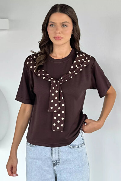 Aryena Brown Women's Polka Dot Scarf Detailed T-Shirt
