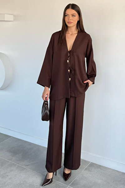 Aryena Brown Women's Front-Tie Jacket and Elastic Waist Pants Two-Piece Set