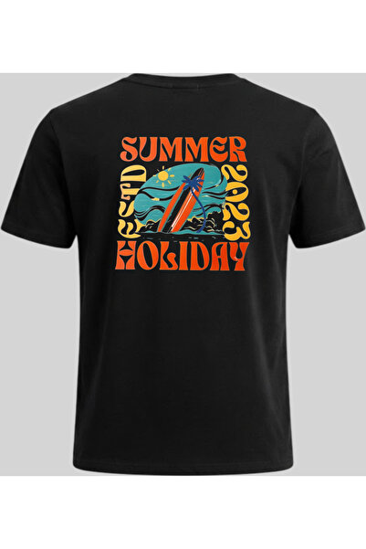 Nazlyna Black 100% Cotton Unisex T-Shirt with Retro Surf and Summer Themed Pr...