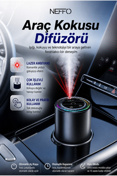 NEFFO Lazerli Araç İçi Aroma Difüzörü Hava Nemlendirici Rgb Işıklı Şarjlı Oda...