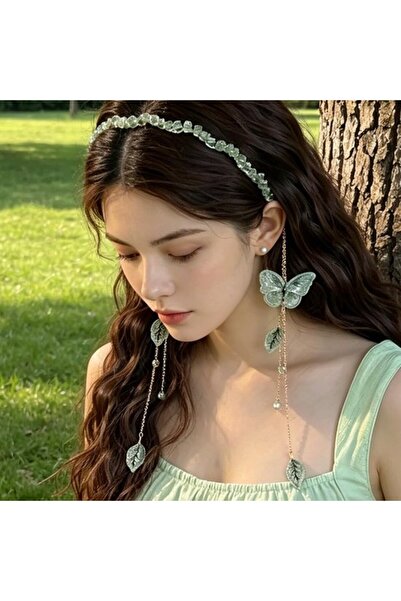 STARSTAR Green crystal butterfly tassel headband French rhinestone chain.