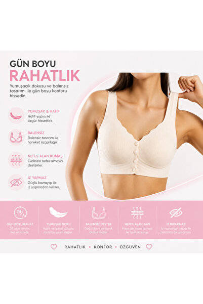 Yeni İnci Women's Front Open Snap Fastener Wire Free Bra Wide Straps Soft Tex...